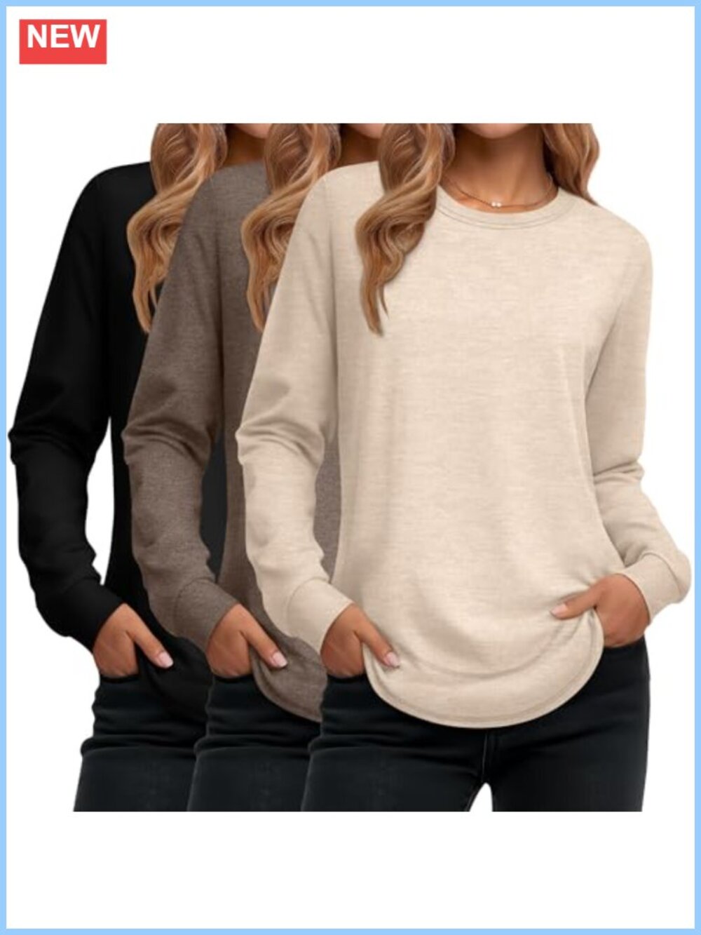 3 Pack Women's Long Sleeve Cotton Spandex Crewneck Pullover Tunic Tops